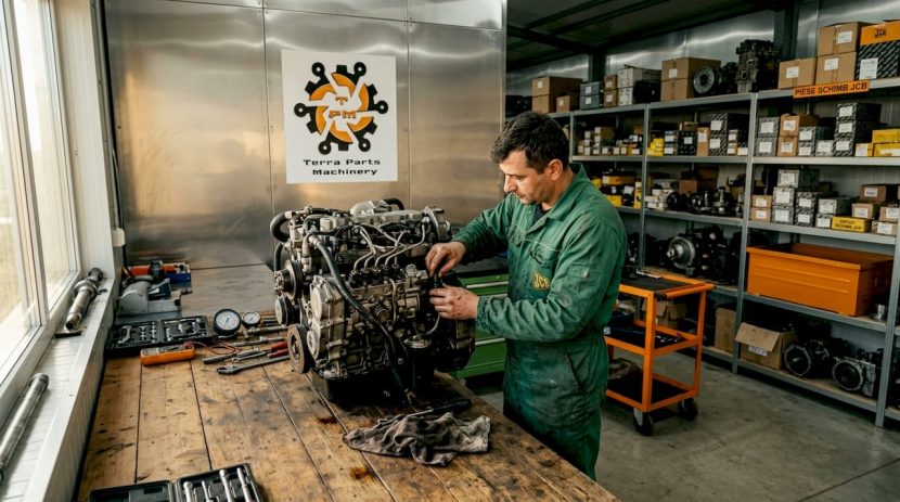 Tehnicianul verifică motorul JCB pentru a se asigura că funcționează corect și este pregătit pentru revizie.