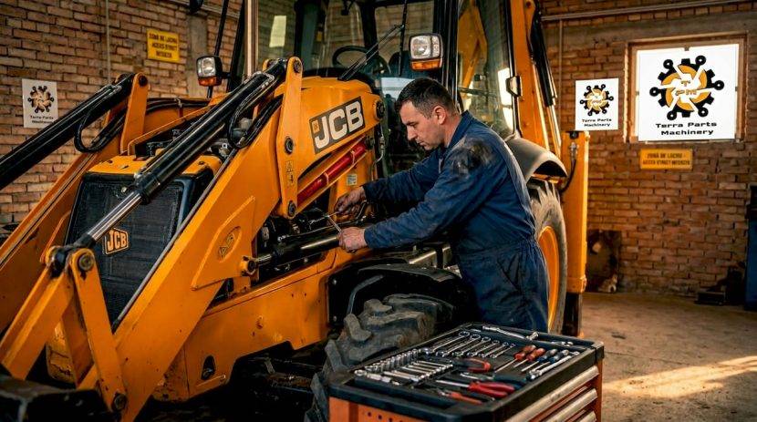 Mecanicul verifică un buldoexcavator JCB în atelier