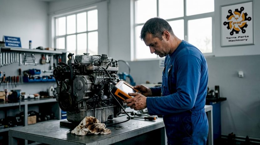 Mecanic verificând motorul Perkins într-un atelier
