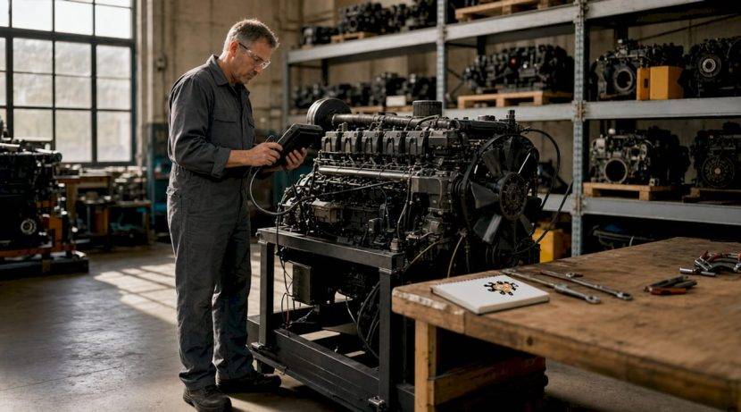 Un mecanic verifică motorul Cummins în service pentru a depista eventualele probleme.