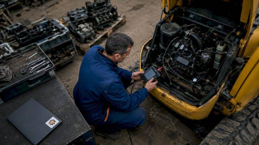 Mecanicul lucrează la repararea motorului Yanmar al unui utilaj de construcții.