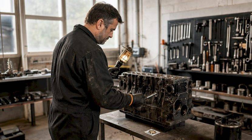 Un mecanic verifică motorul unui Isuzu într-un atelier auto.