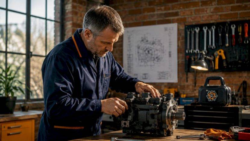 Un tehnician verifică funcționarea unei pompe hidraulice Nachi într-un atelier de service.