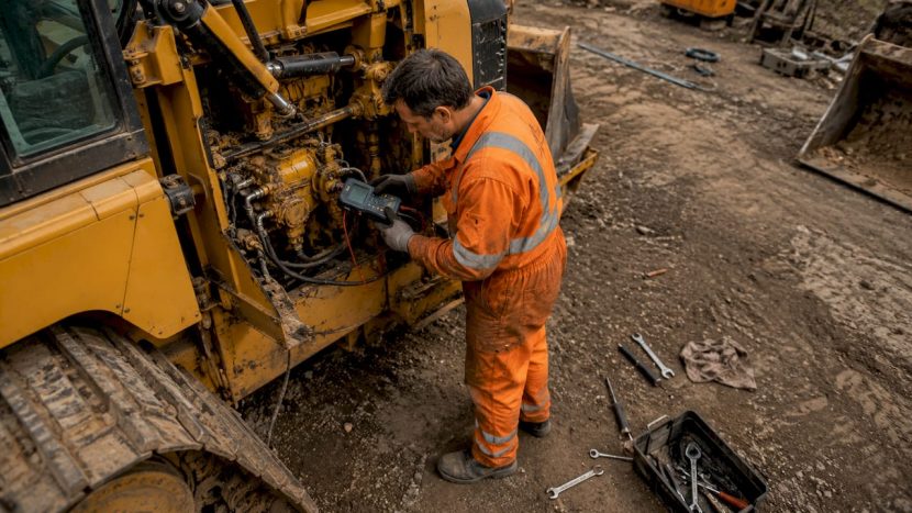 Un tehnician verifică pompa hidraulică a unui buldozer Caterpillar pentru a se asigura că funcționează corect.