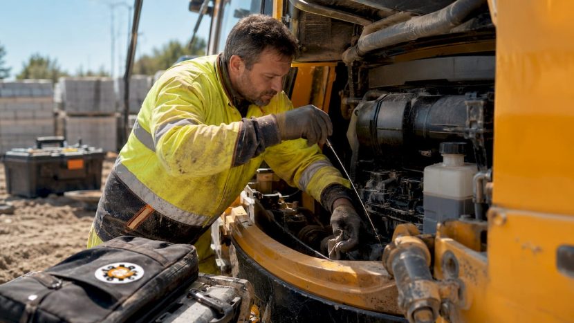 Tehnicianul verifică transmisia Powershift de la JCB pentru a se asigura că funcționează corect.
