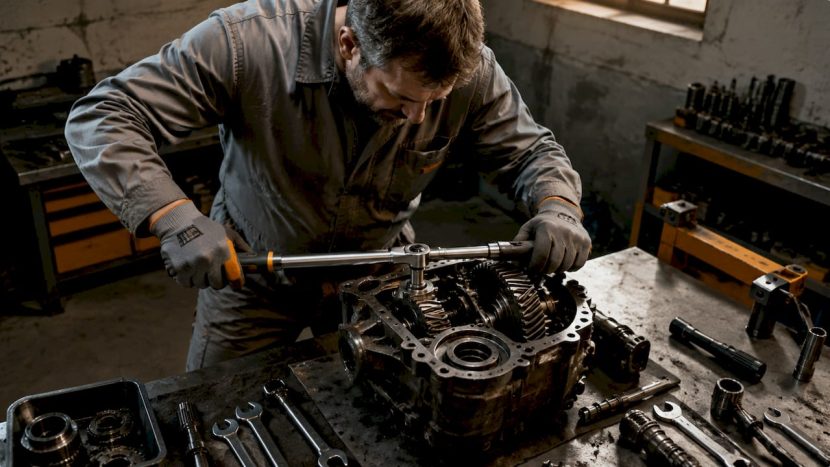 Un tehnician lucrează la reparația unei cutii de viteze Carraro
