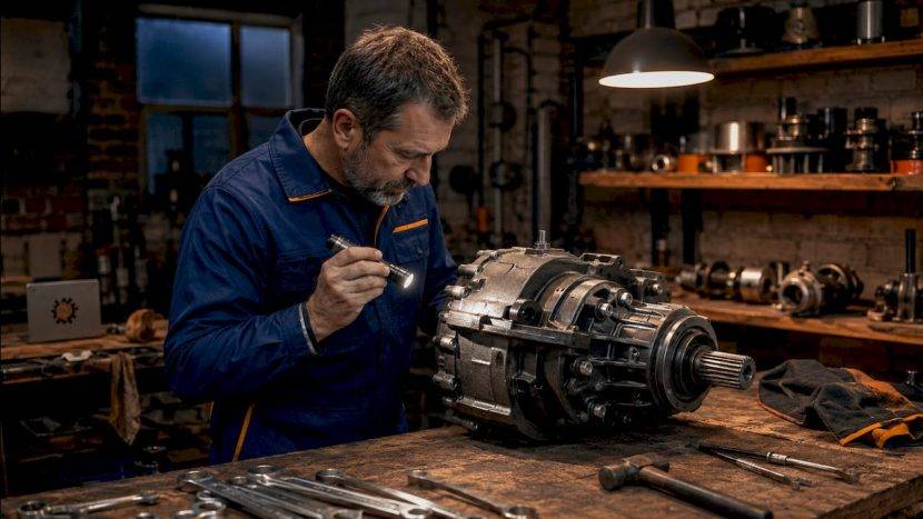 Mecanicul inspectează componentele transmisiei Carraro Hydromek, asigurându-se că totul funcționează perfect.