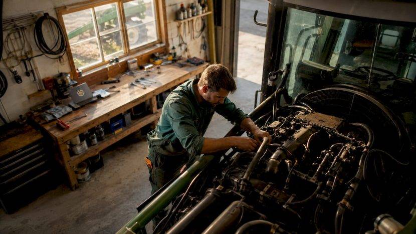Un fermier verifică motorul combinei direct pe teren, asigurându-se că totul funcționează cum trebuie înainte de recoltare.