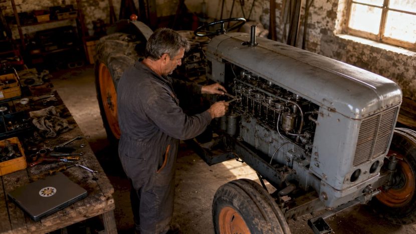 Un mecanic lucrează la motorul unui tractor Perkins într-un atelier improvizat, undeva într-o gospodărie.