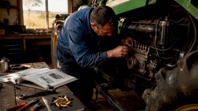 Mecanicul verifică motorul unui tractor Deutz în service.