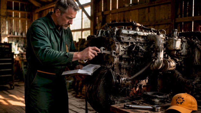 Mecanic agricol verificând motorul Cummins