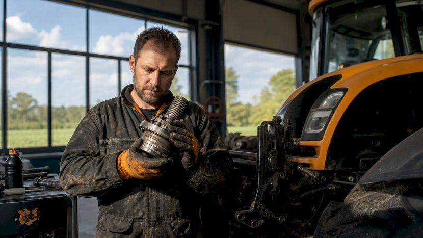 Un tehnician lucrează la montarea unei componente pe un tractor Fastrac.