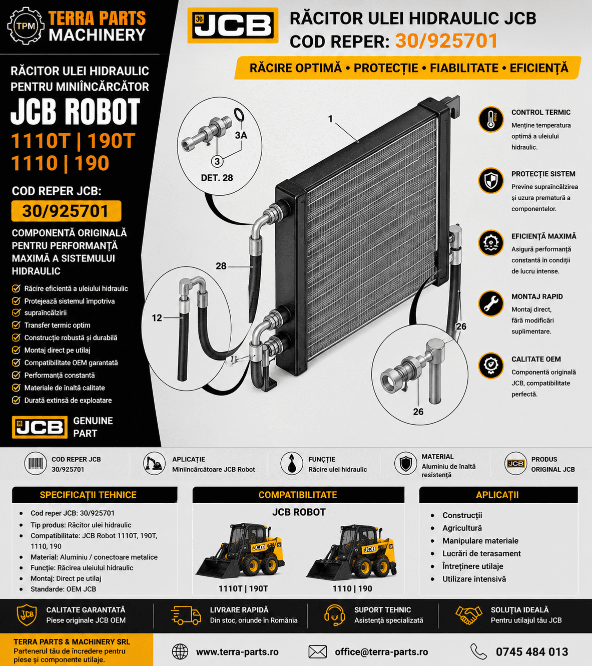 Răcitor ulei hidraulic JCB 30/925701 pentru miniîncărcător JCB Robot