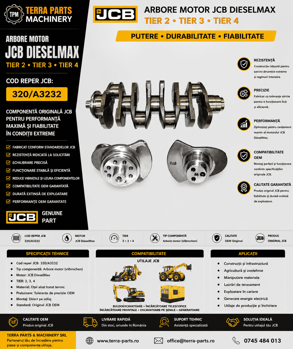 Arbore motor JCB DieselMax cod 320/A3232 pentru utilaje JCB