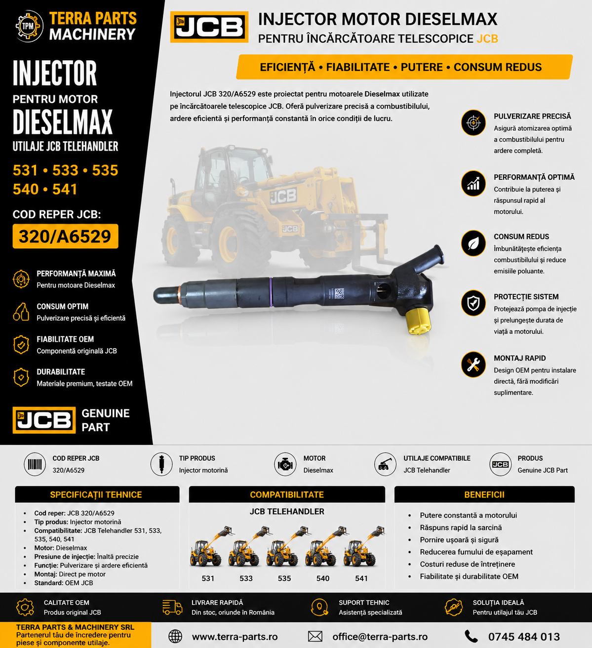 Injector original JCB 320/A6529 pentru motor DieselMax Telehandler