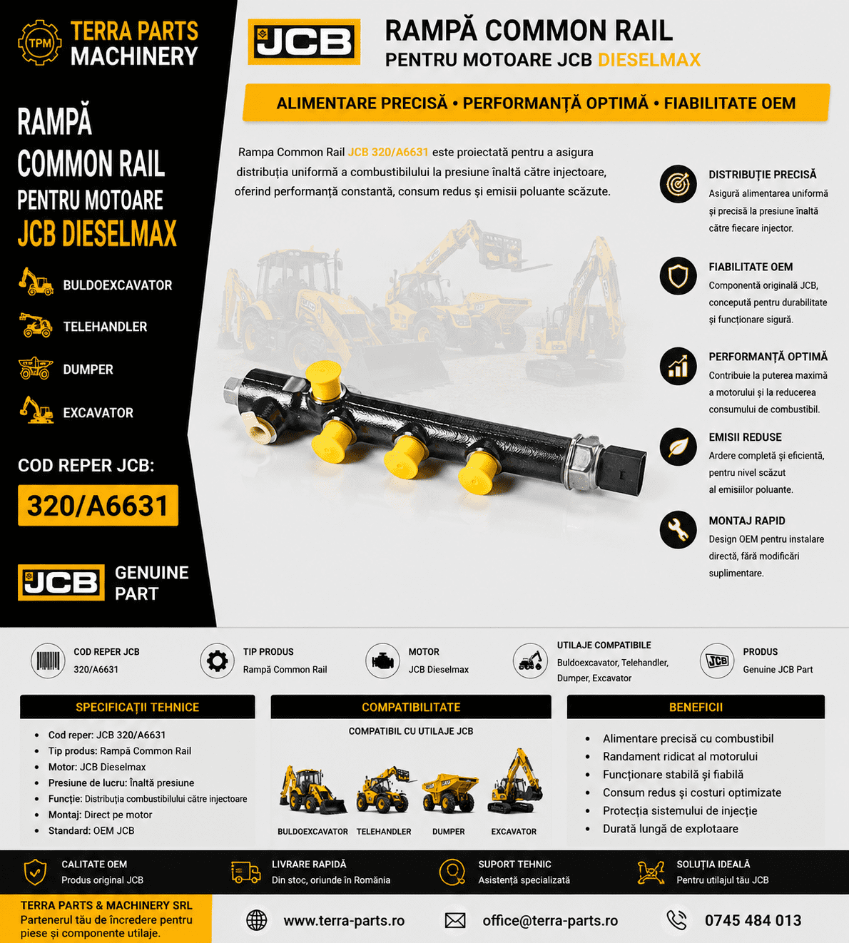 Rampă Common Rail originală JCB 320/A6631 pentru motoare DieselMax