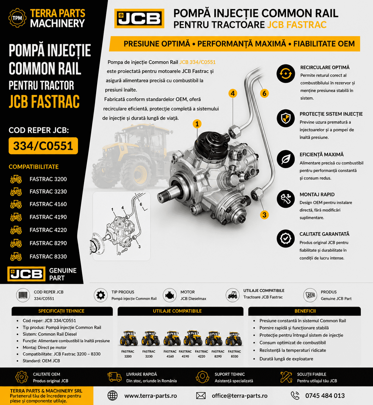 Pompa injecție Common Rail JCB 334/C0551 pentru tractor Fastrac.
