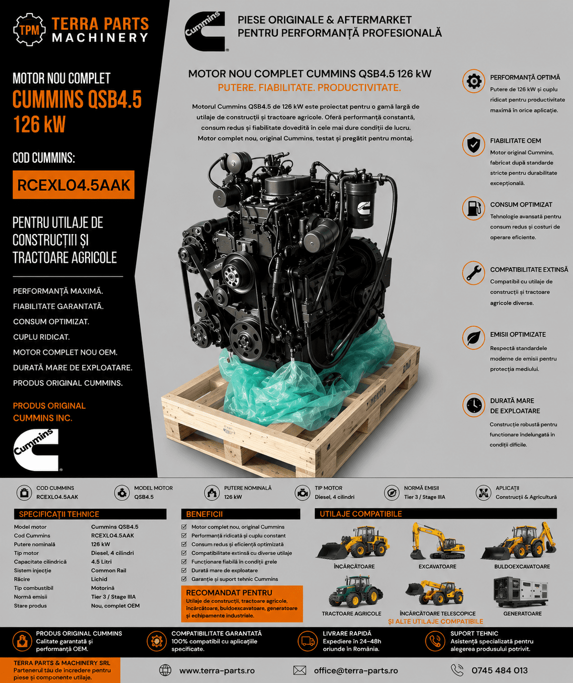 Motor diesel industrial Cummins RCEXL04.5AAK pentru aplicații profesionale