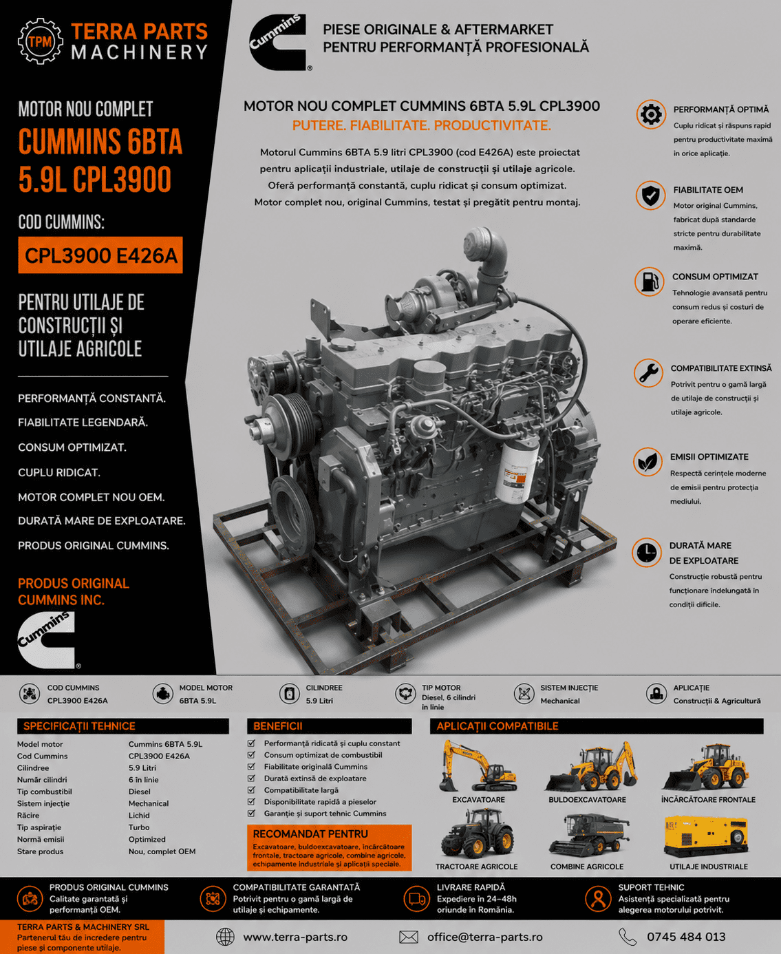 Motor diesel Cummins E426A compatibil cu utilaje agricole și construcții