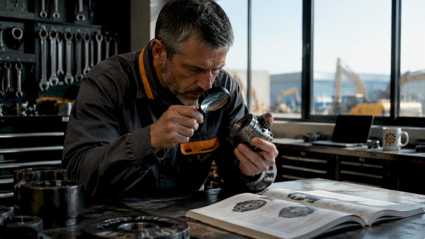 Un tehnician verifică o piesă de la un excavator Komatsu.