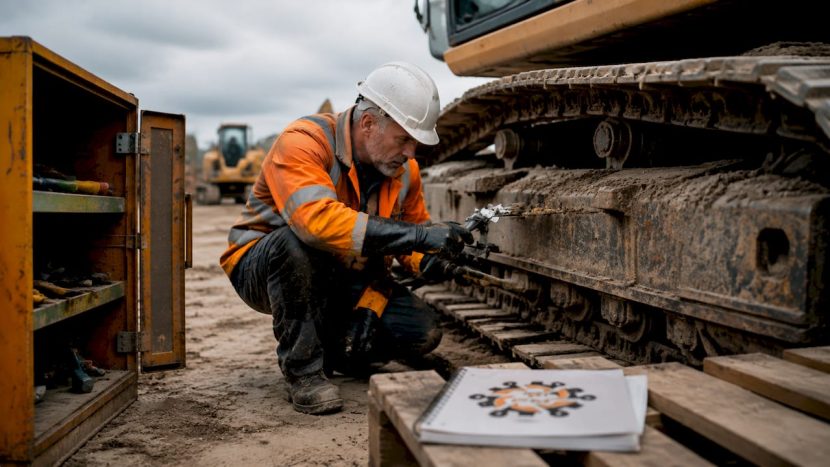 Tehnicianul verifică cât de bine este tensionată șenila excavatorului.