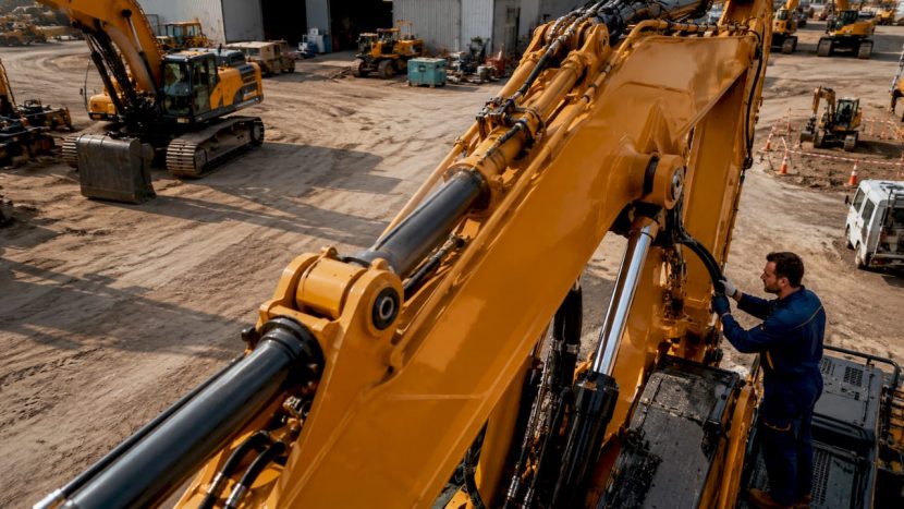 Detaliu cu brațul excavatorului și garniturile hidraulice