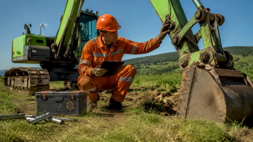 Un tehnician verifică utilajele de construcții, notând fiecare observație pe lista de control.