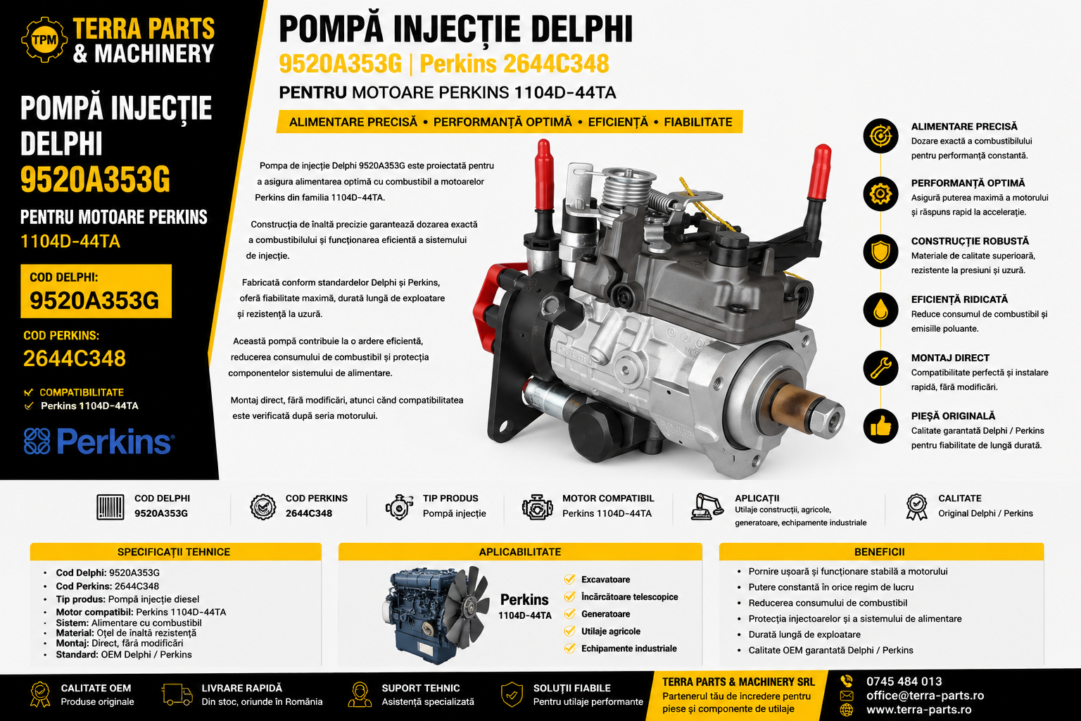 Pompă de injecție Delphi 9520A353G compatibilă cu motoarele Perkins 1104D-44TA.