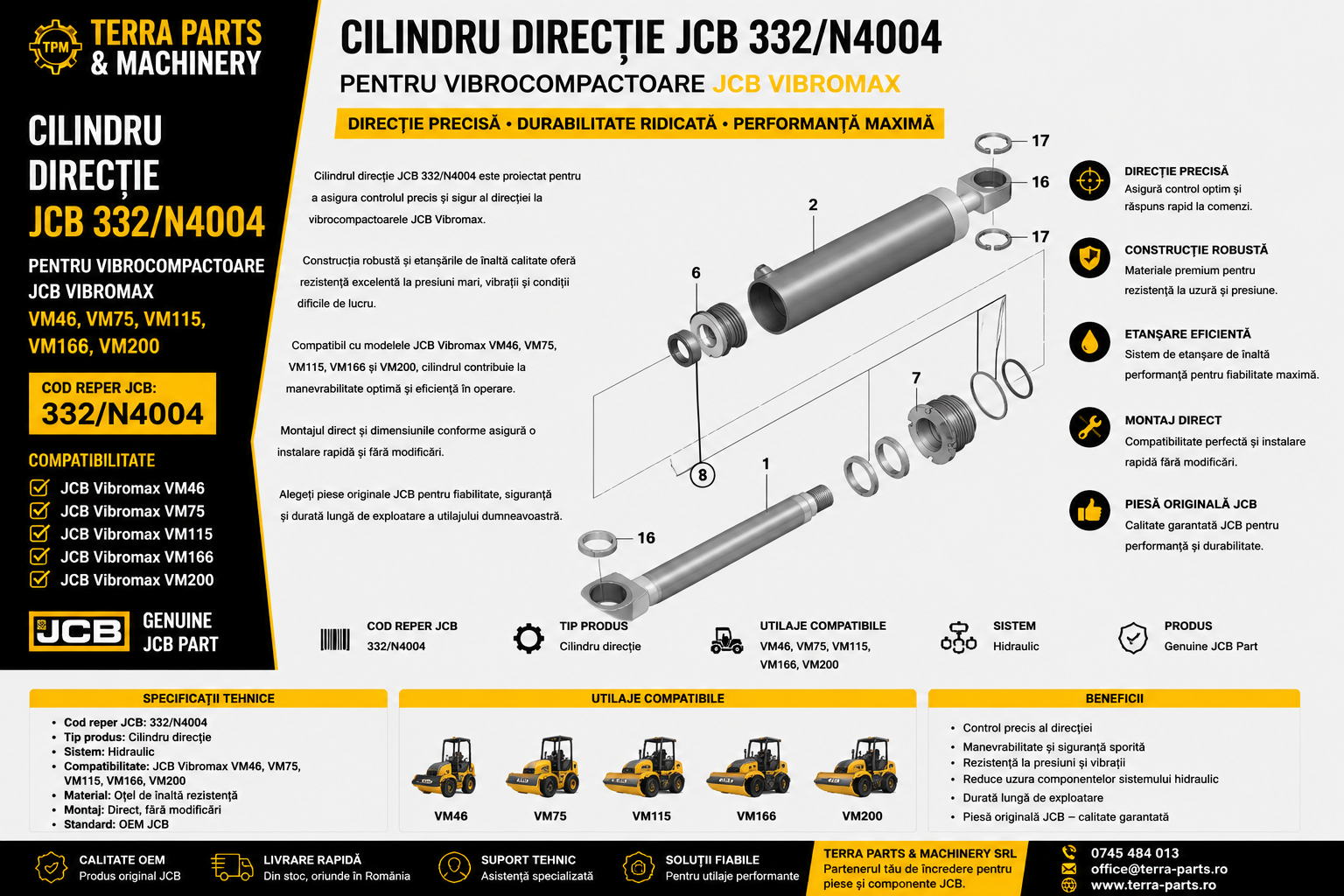 Cilindru direcție JCB 332/N4004 compatibil cu vibrocompactoarele JCB Vibromax VM46, VM75, VM115, VM166 și VM200.