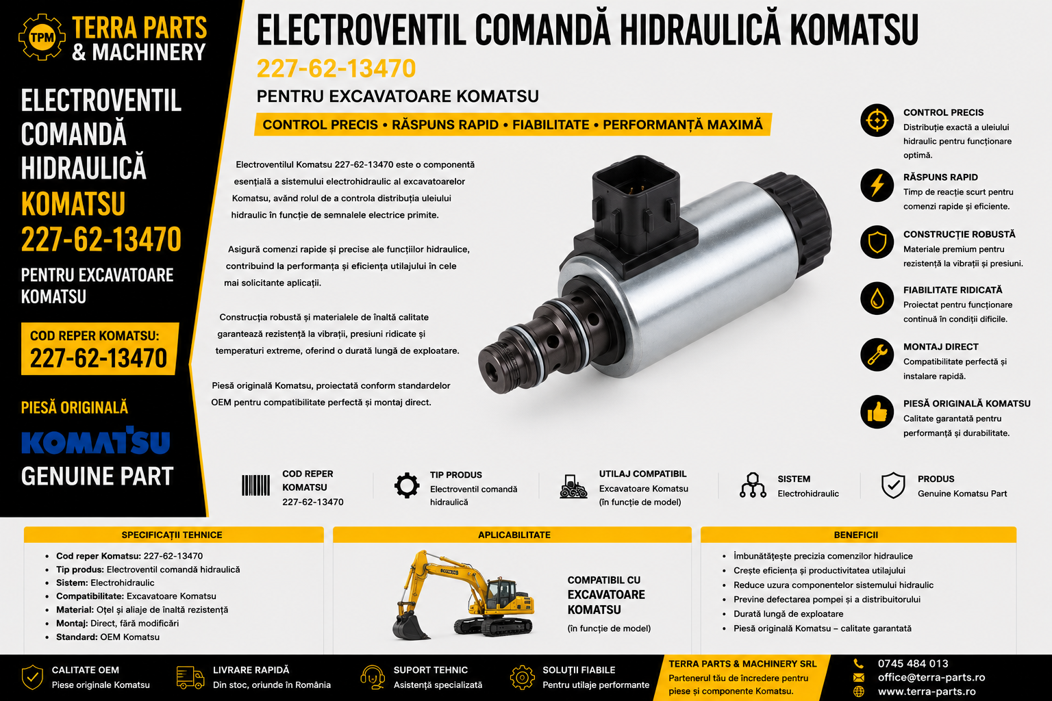 Electroventil comandă hidraulică Komatsu 227-62-13470 compatibil cu excavatoarele Komatsu.