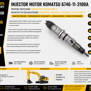 Injector motor Komatsu 6746-11-3100A compatibil cu motoarele Komatsu SAA6D114E-5 și excavatoarele PC360LC, PC390LC-10 și PC390-11.