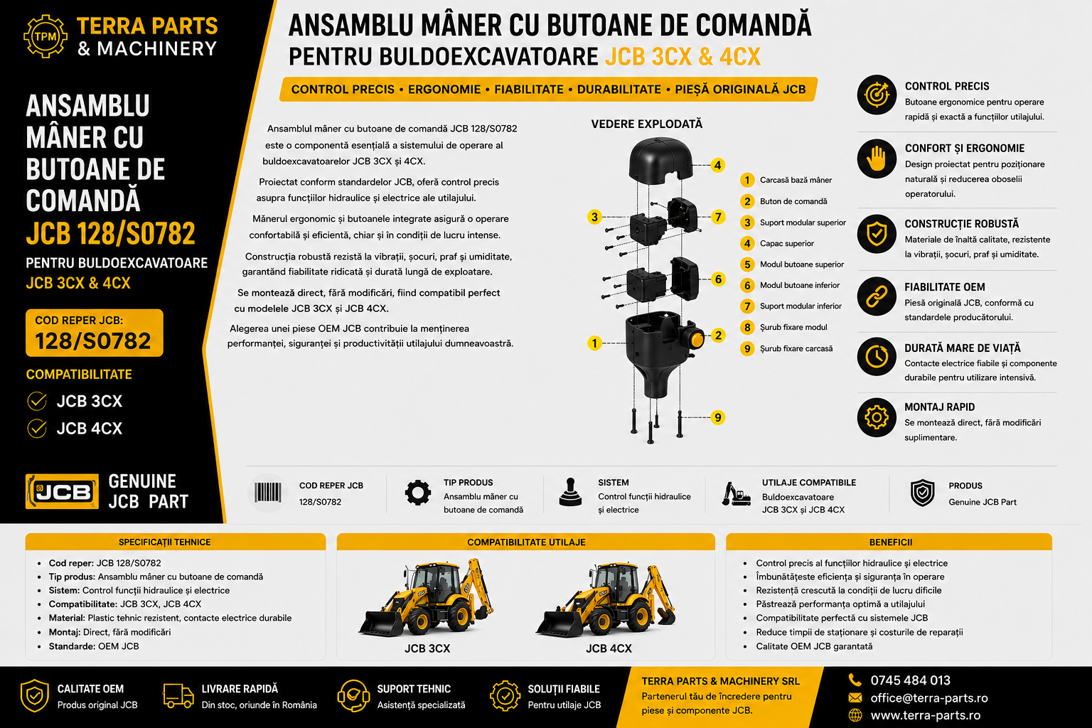 Ansamblu mâner cu butoane comandă JCB 128/S0782 pentru buldoexcavatoare JCB 3CX și JCB 4CX