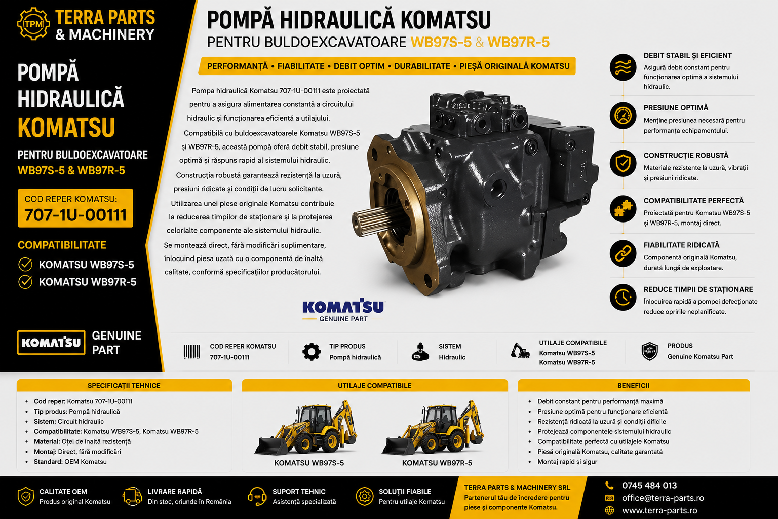 Pompă hidraulică Komatsu 707-1U-00111 pentru buldoexcavatoare Komatsu WB97S-5 și WB97R-5.