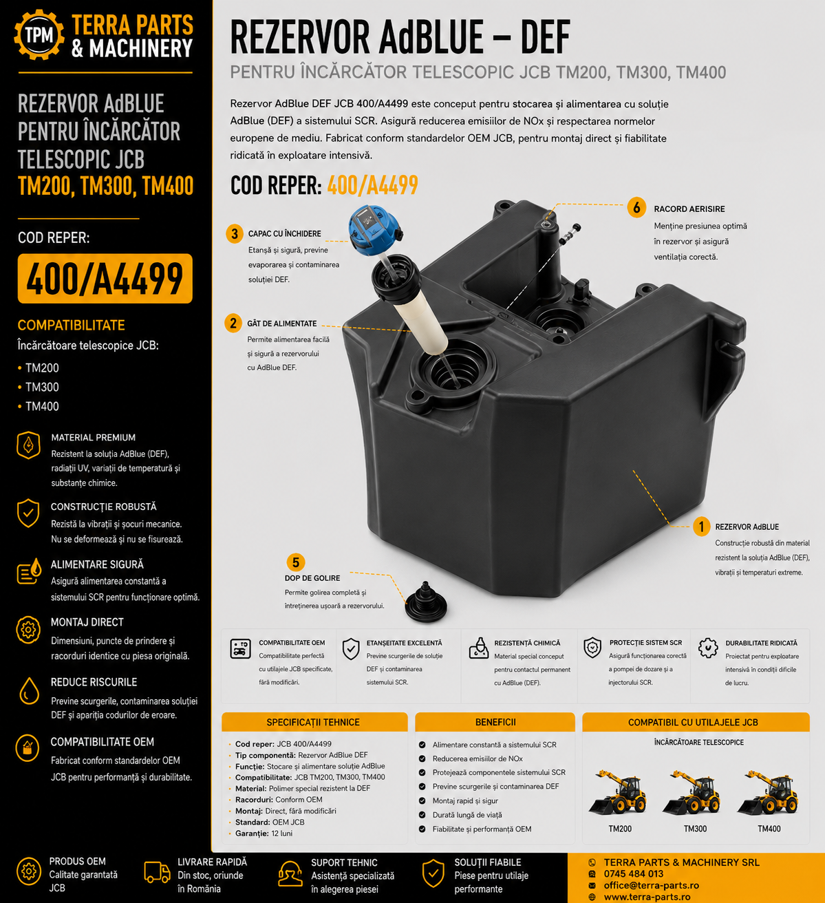 Rezervor AdBlue DEF JCB cod 400/A4499 pentru încărcătoarele telescopice JCB TM200, TM300 și TM400.