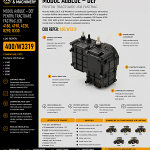 Modul AdBlue DEF JCB cod 400/W3319 pentru tractoarele JCB Fastrac 4160, 4190, 4220, 8290 și 8330.