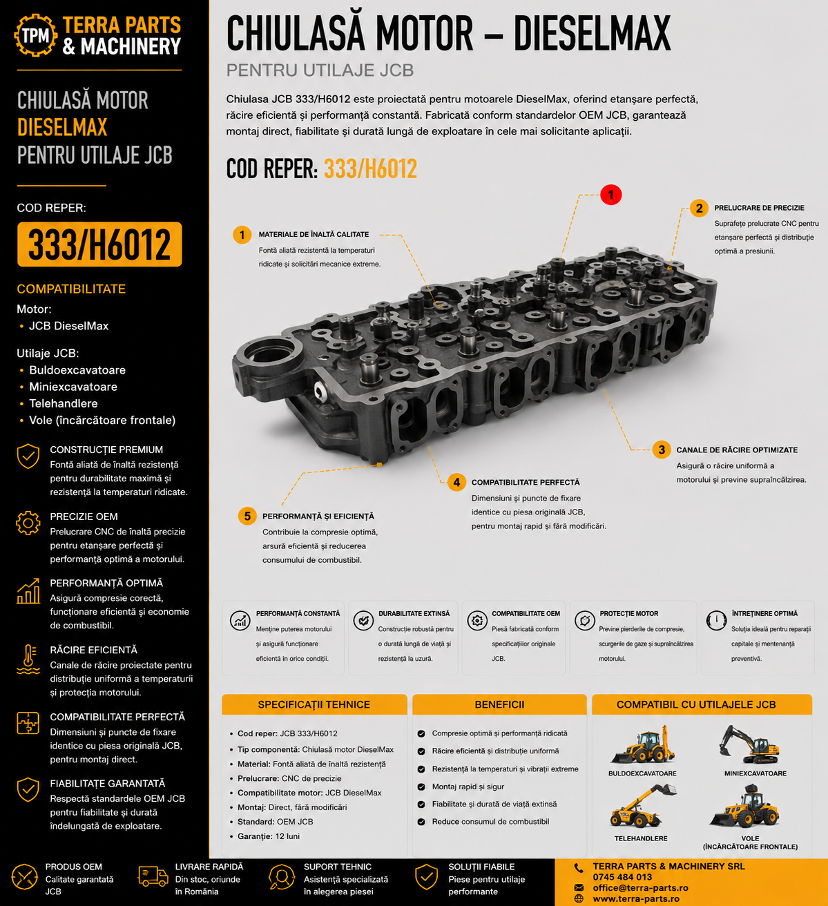 Chiulasă motor JCB DieselMax cod 333/H6012 pentru utilaje JCB.