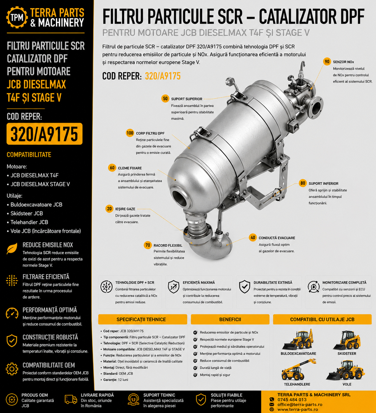 Filtru particule SCR DPF JCB cod 320/A9175 pentru motoare JCB Dieselmax T4F și Stage V.