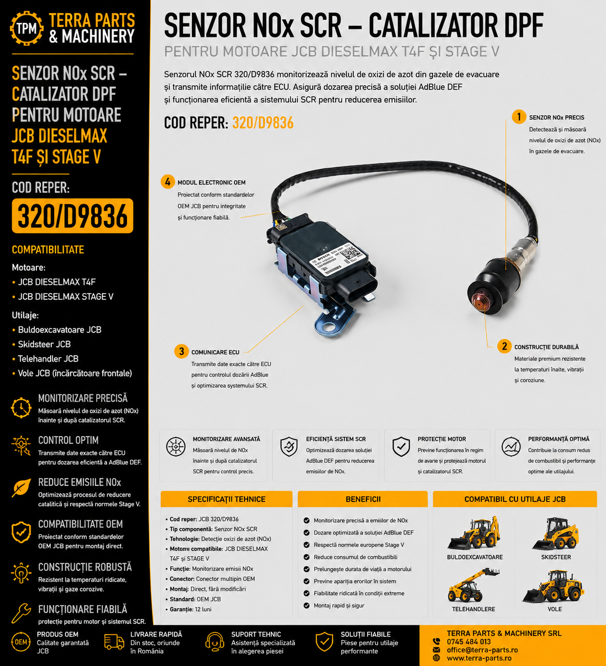 Senzor NOx SCR JCB cod 320/D9836 pentru motoare JCB Dieselmax T4F și Stage V.