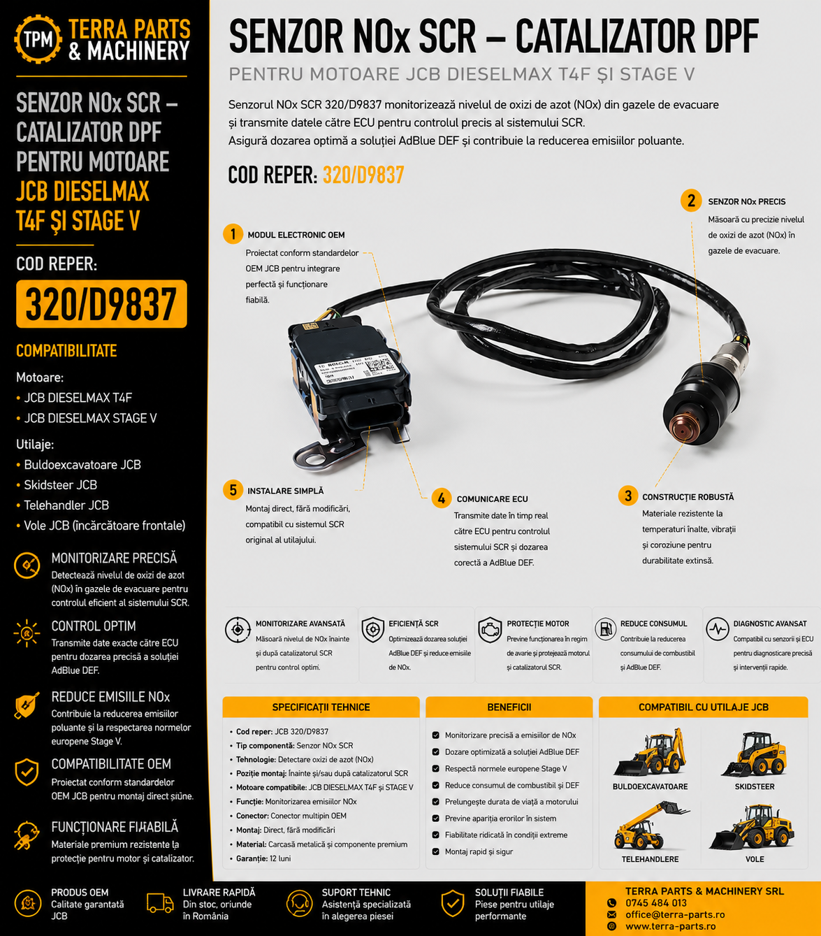Senzzor NOx SCR JCB cod 320/D9837 pentru motoare JCB Dieselmax T4F și Stage V.