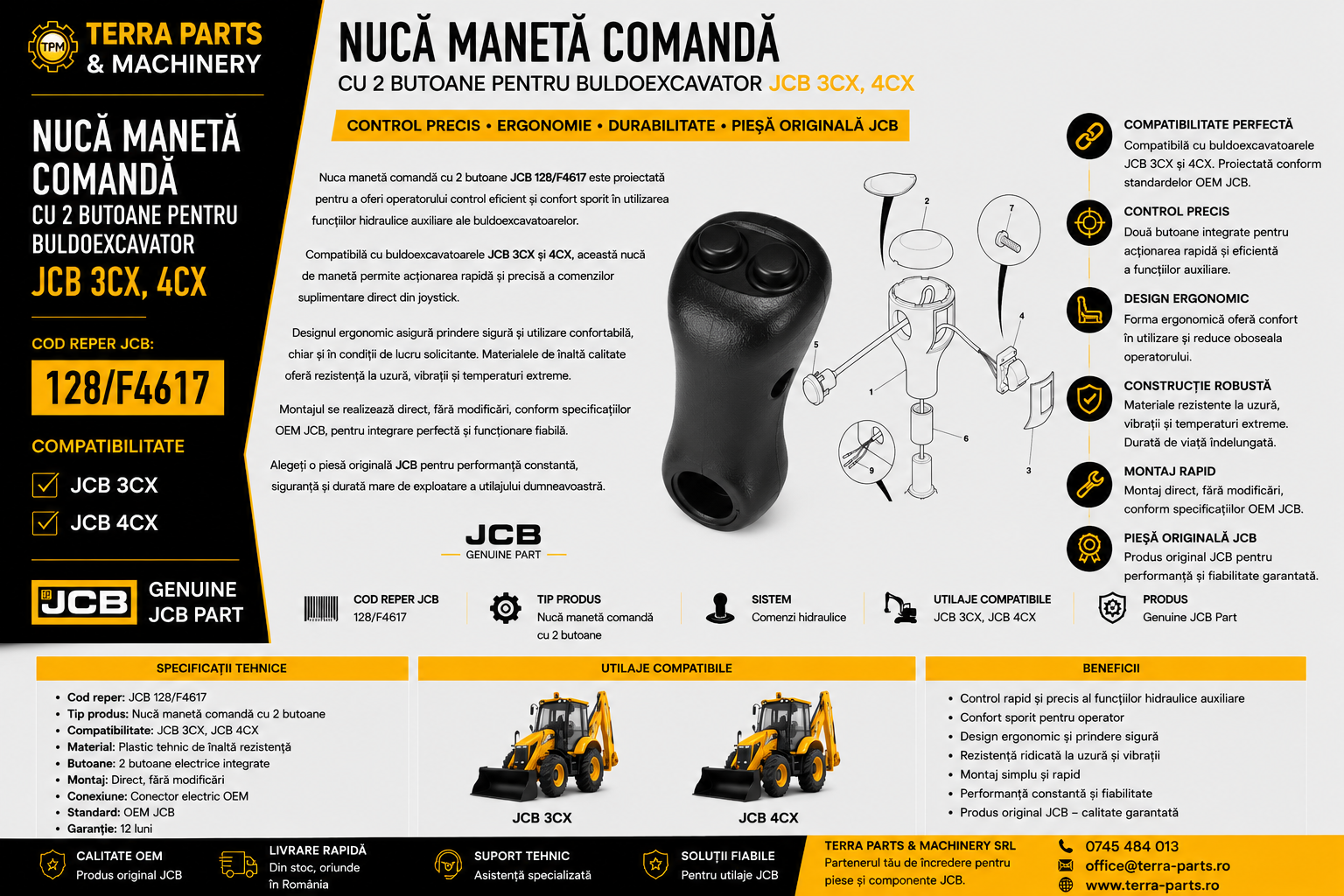 Nucă manetă comandă cu 2 butoane JCB 128/F4617 compatibilă cu JCB 3CX și JCB 4CX