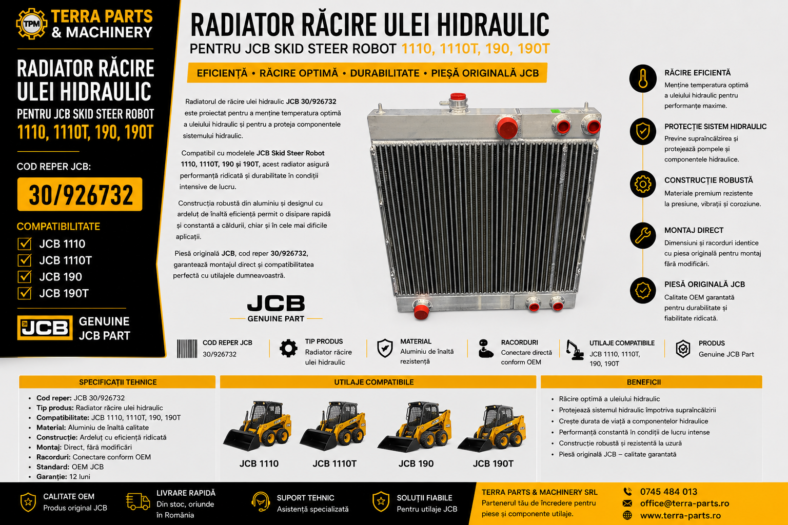 Radiator răcire ulei hidraulic JCB 30/926732 compatibil cu JCB 1110, 1110T, 190 și 190T