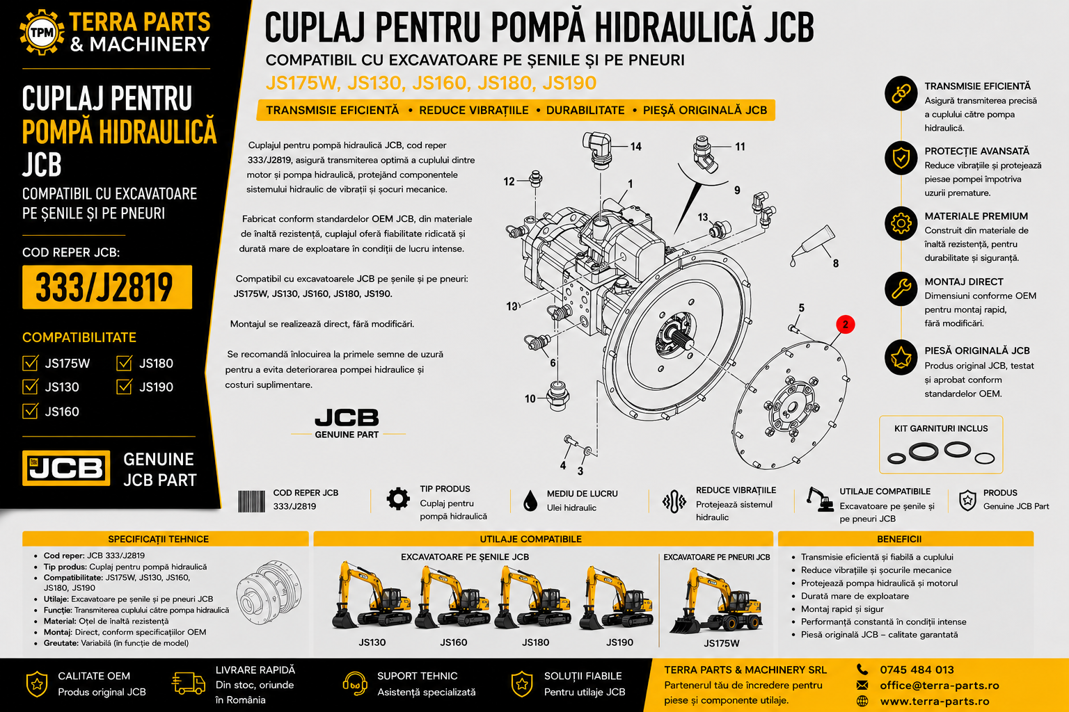 Cuplaj pompă hidraulică JCB 333/J2819 pentru excavatoare JCB JS130, JS160, JS175W, JS180 și JS190.