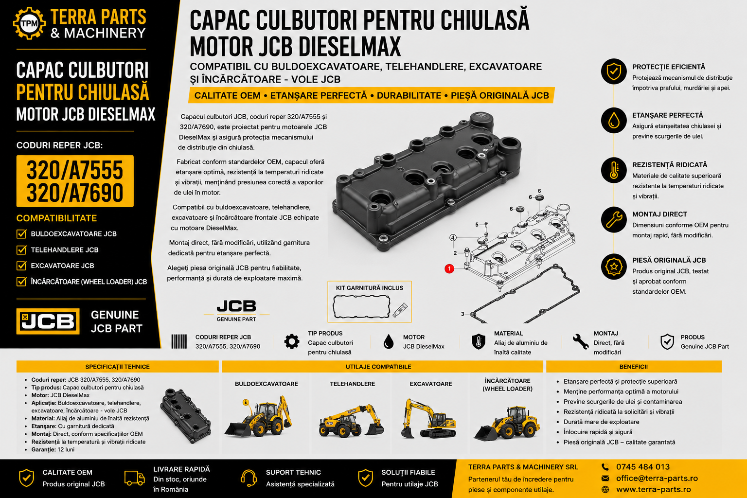 Capac culbutori original JCB DieselMax cod 320/A7555 pentru chiulasă motor.