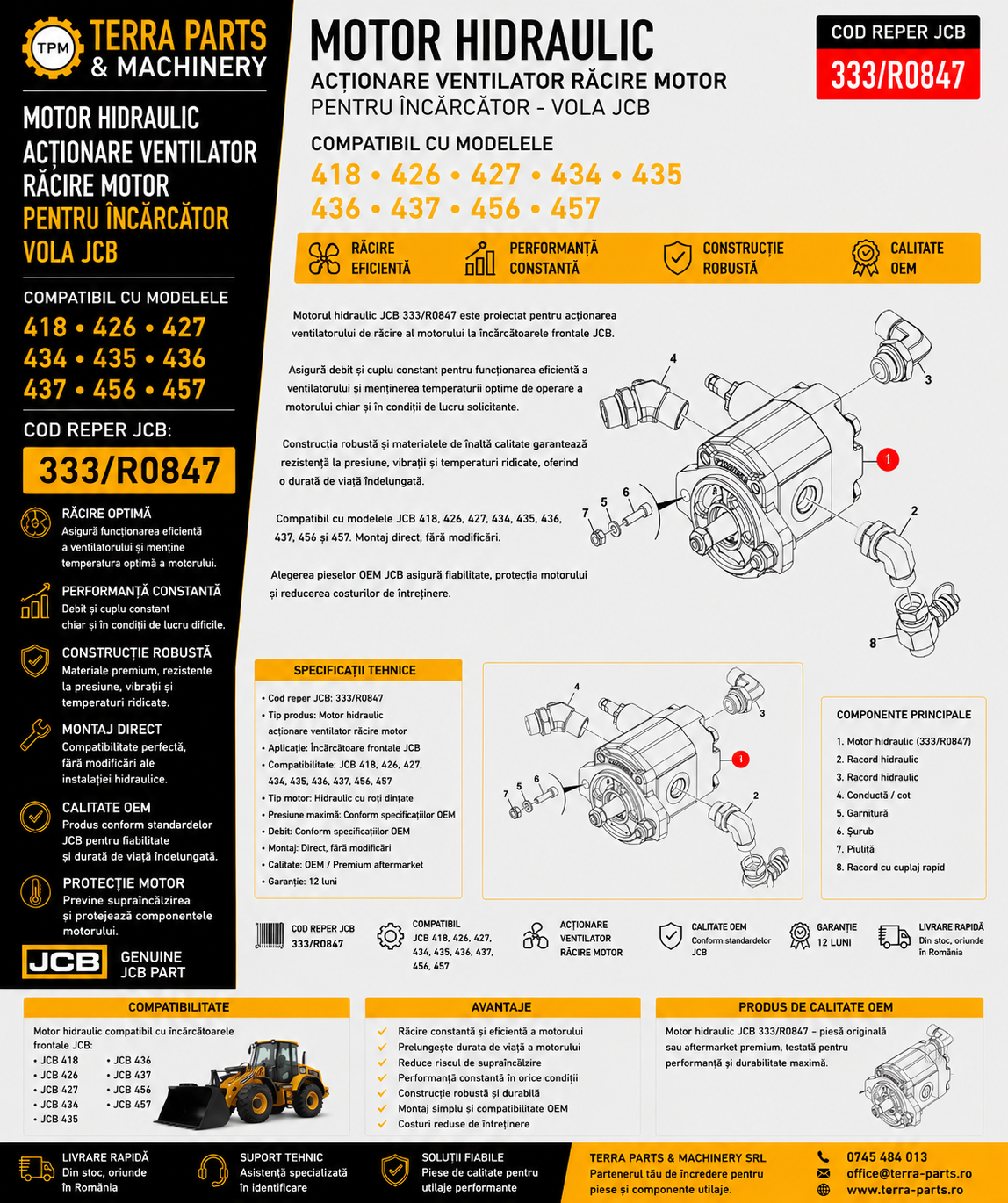Motor hidraulic ventilator răcire JCB 333/R0847 pentru încărcătoare frontale JCB.