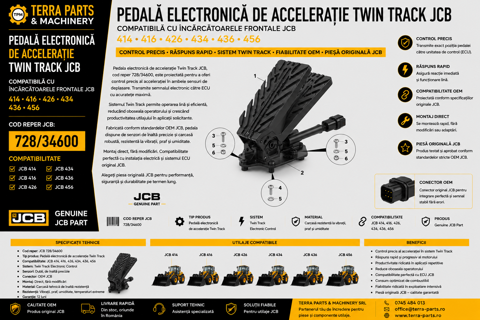 Pedală electronică de accelerație Twin Track JCB cod 728/34600 pentru încărcătoare frontale.