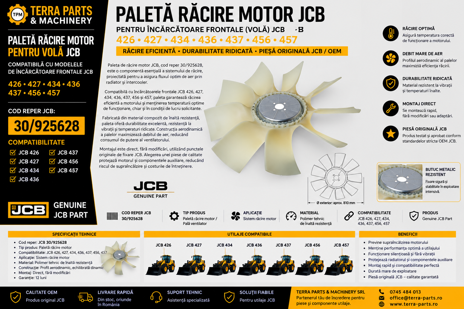 Paletă răcire motor JCB cod 30/925628 pentru încărcătoare frontale JCB.