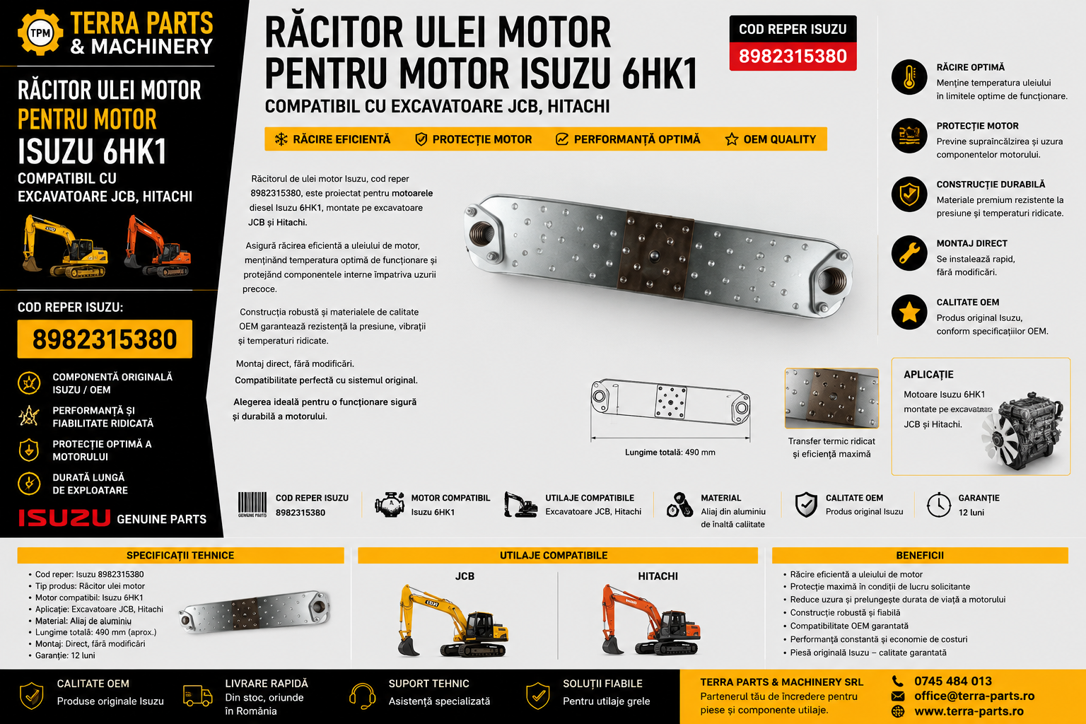 Răcitor ulei motor Isuzu 6HK1 cod 8982315380 pentru excavatoare JCB și Hitachi.