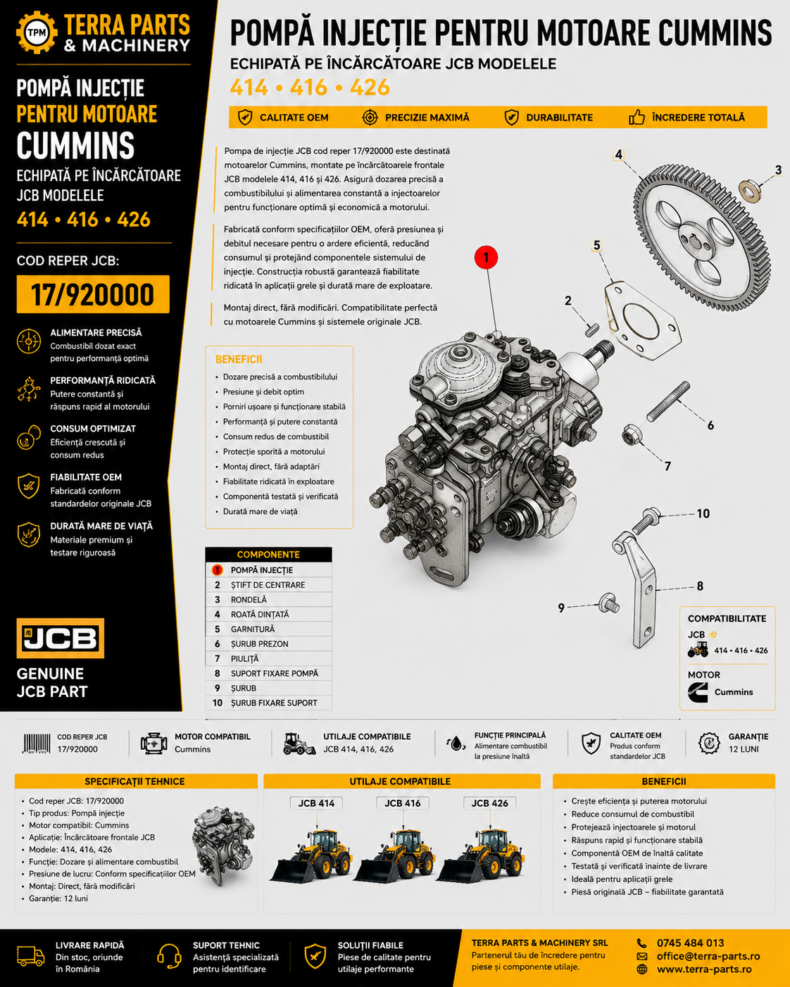 Pompă injecție JCB 17/920000 pentru motor Cummins utilizat pe încărcătoare frontale JCB.
