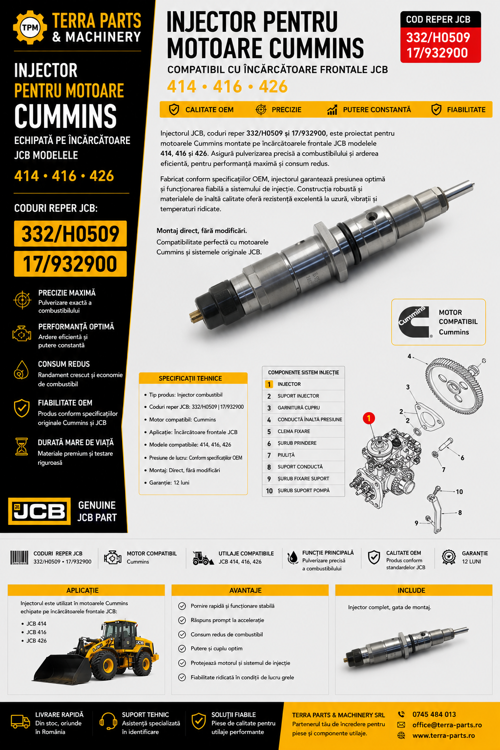 Injector JCB 332/H0509 pentru motor Cummins montat pe încărcătoare frontale JCB 414, 416 și 426.