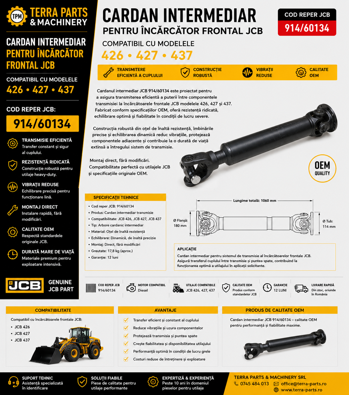 Cardan intermediar JCB 914/60134 pentru încărcător frontal JCB 426.